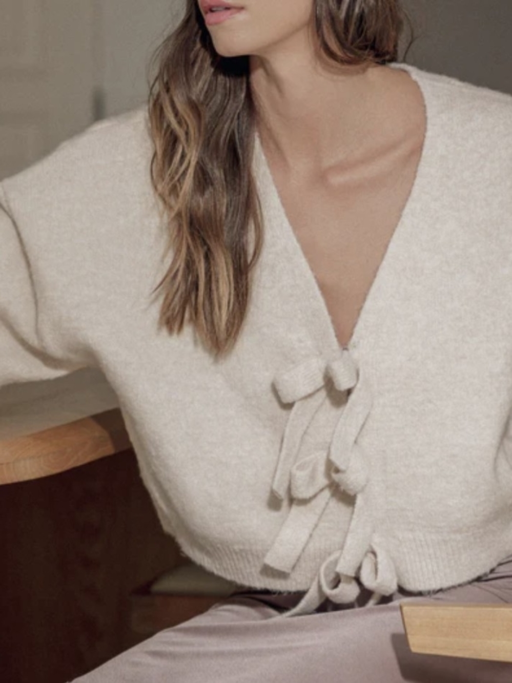Tie-Front V-Neck Sweater - Cream